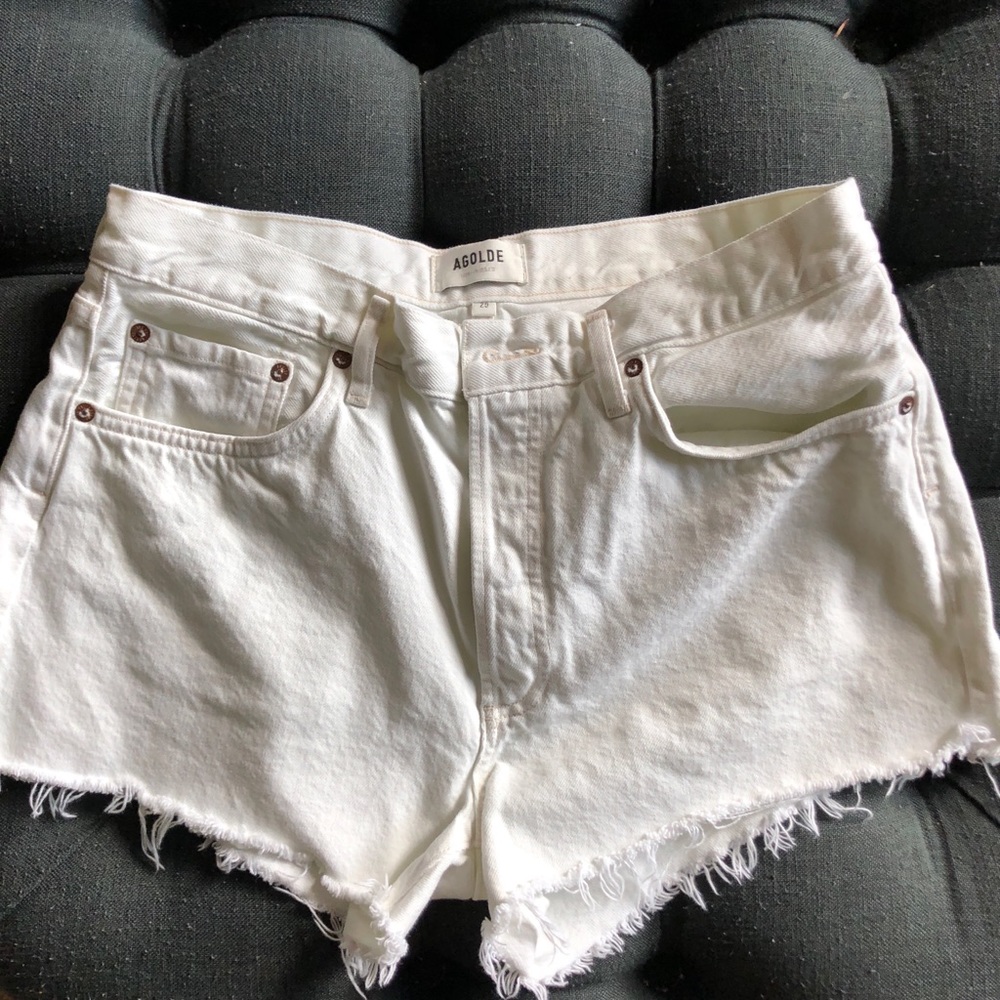 AGOLDE distressed white denim shorts
